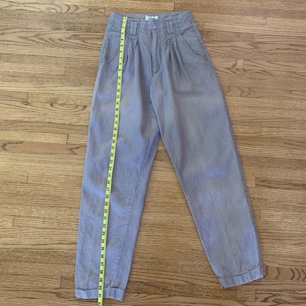 Vtg high-waisted cotton/ramie lt blue & dusky pink houndstooth pants by 62 East - Picture 3 of 7